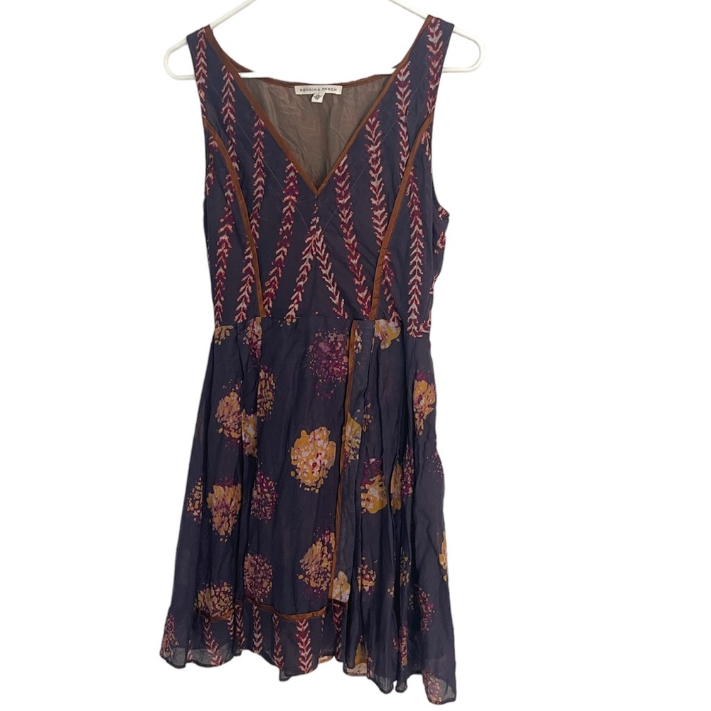 Burning Torch purple floral print flowy dress brown piping & funky back tie/sash